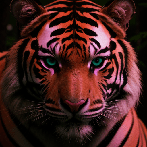 AI generated: neon tiger, in the woods, portrait close up face