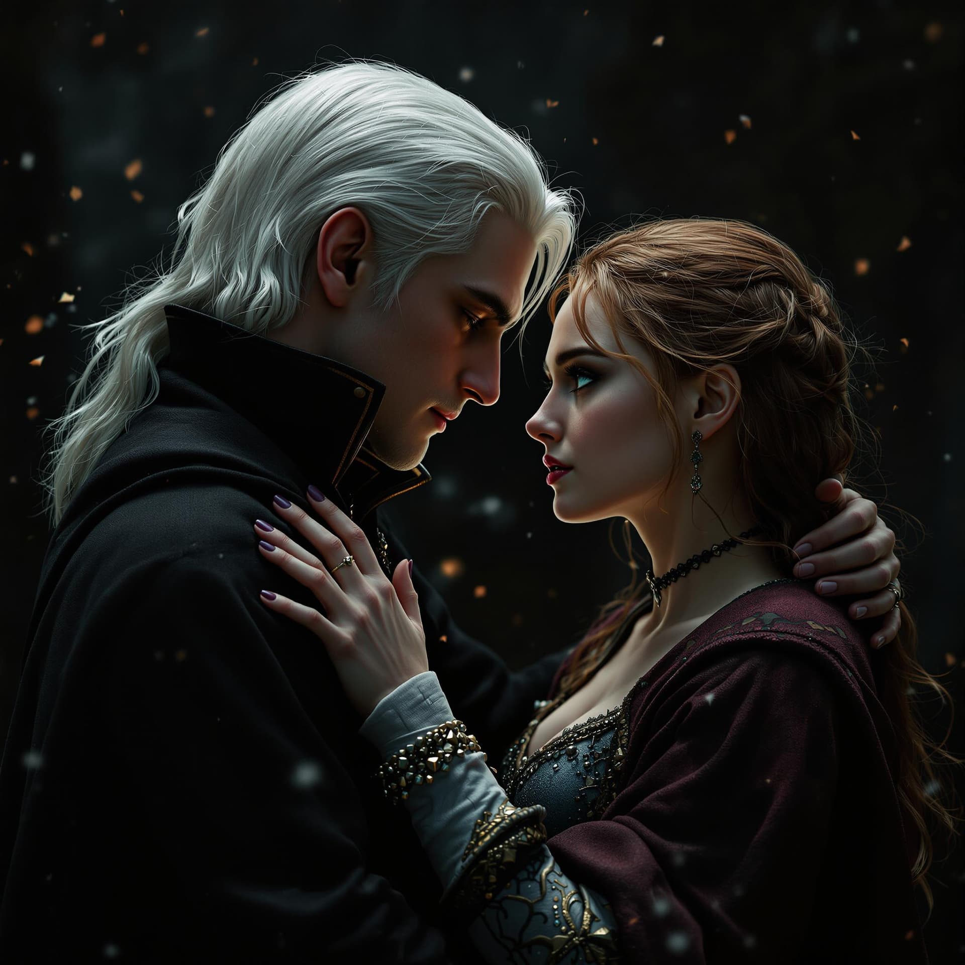 AI generated: Adult Draco Malfoy with white blonde hair and Adult Hermione Granger with bushy brown hair embraced,...