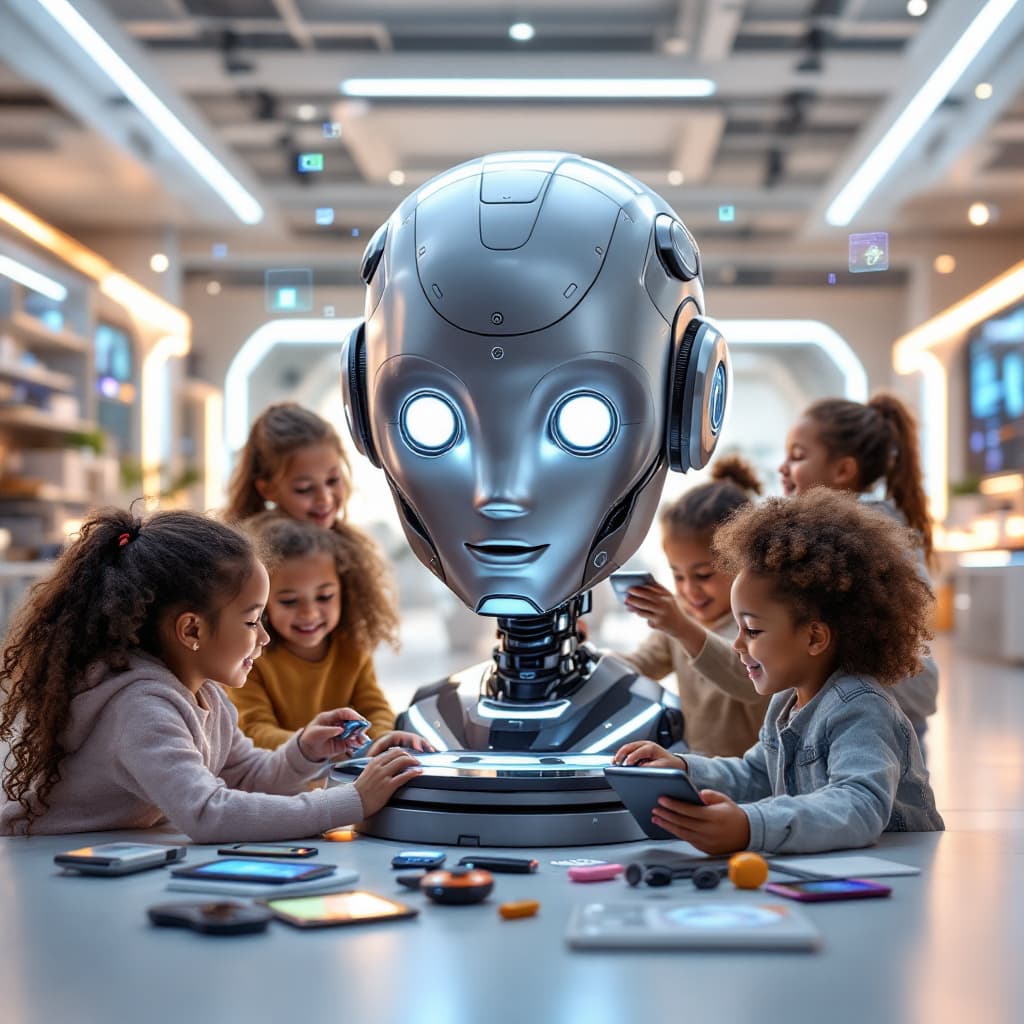 AI generated: "A group of children of various ethnicities, joyfully playing together in a futuristic tech-inspired...