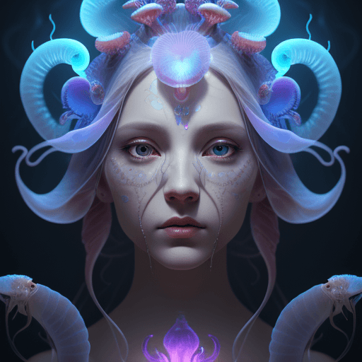 AI generated: Goddess close-up portrait ribcagel. jellyfish phoenix head, nautilus, orchid, skull, betta fish, bio...