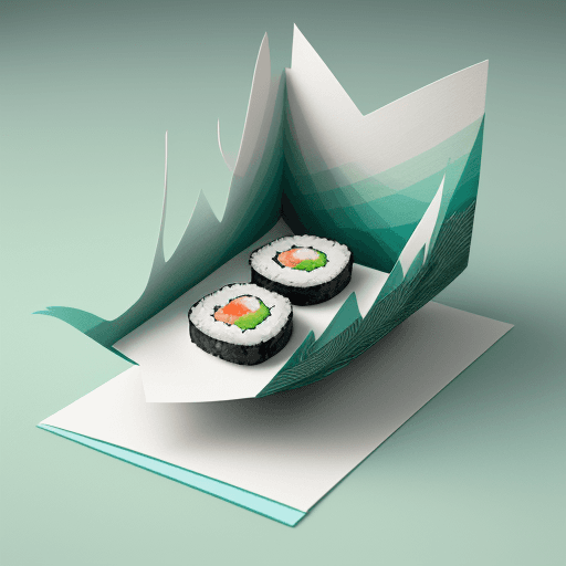 AI generated: 3d, a piece of sushi on an island, paper work, cyan, and white with emerald green, rough-textured co...