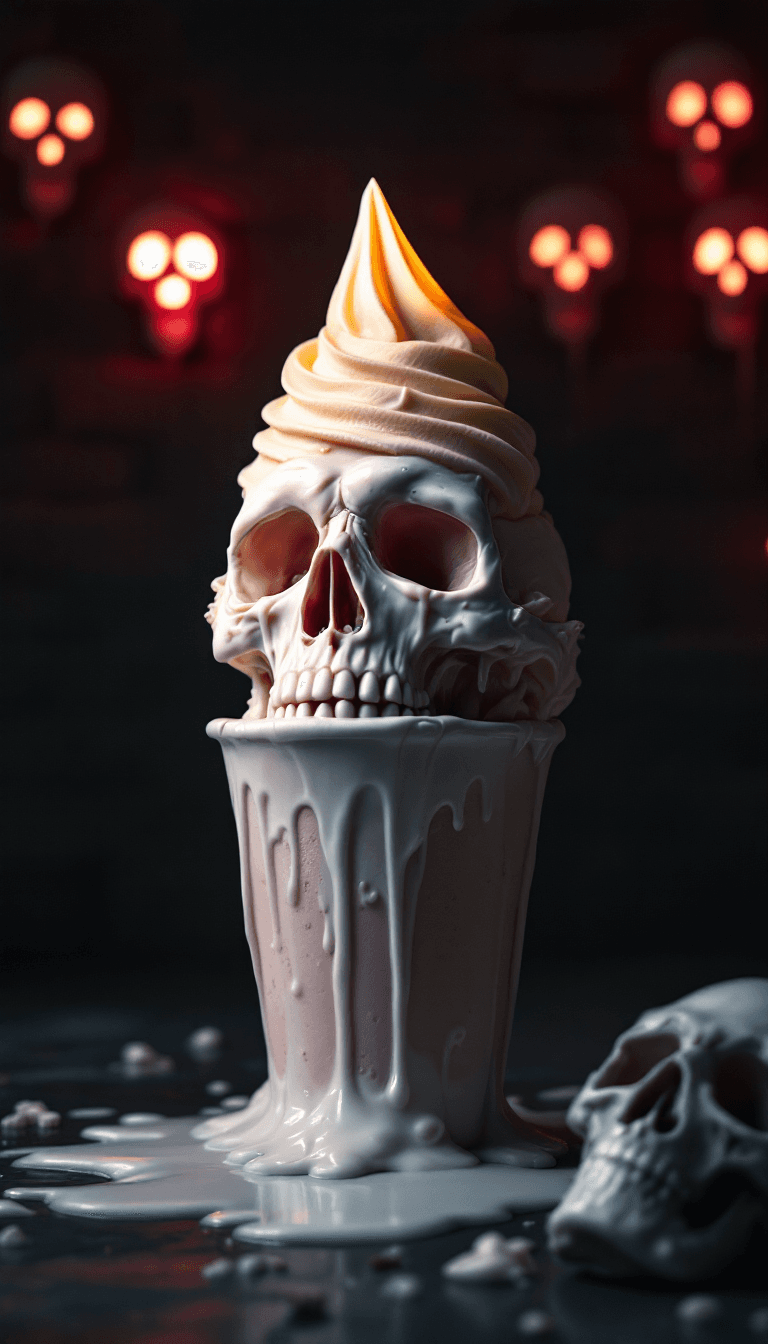 AI generated: melting ice cream,top of the ice cream shaped as human head,depressive mood,moonlight,against glowin...