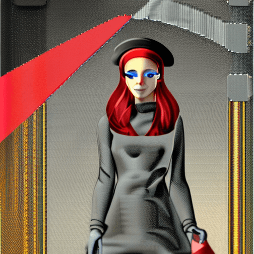 AI generated: The image features a woman wearing a blue grey hat, a blue grey dress, and red nail polish. She is p...