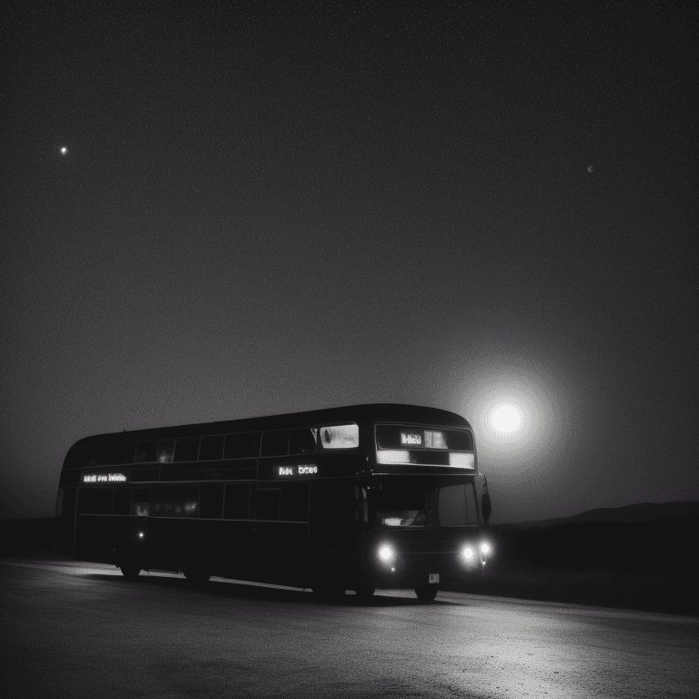 AI generated: mid shot view of a dark bus in the middle of the night, moonlight, eerie setting
