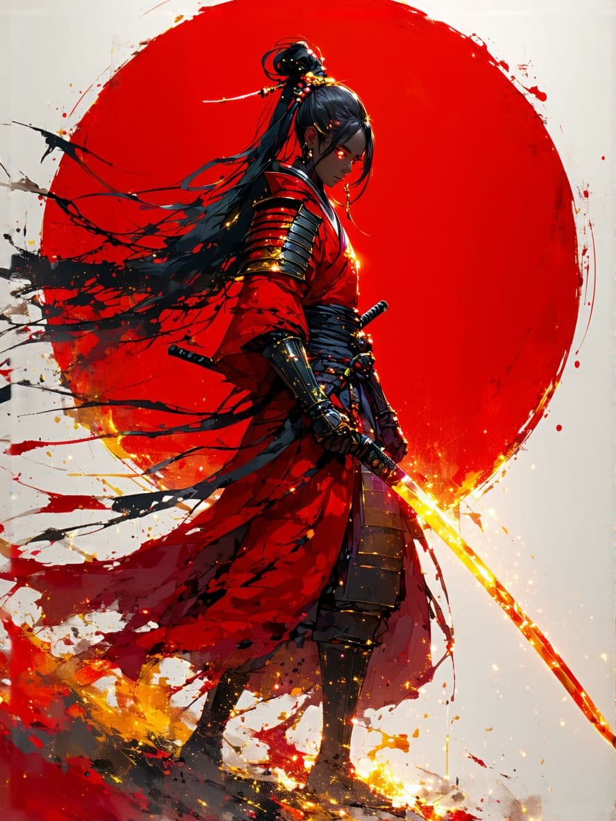 AI generated: A powerful anime-style female warrior, with dark skin, long flowing black hair, and intense glowing ...