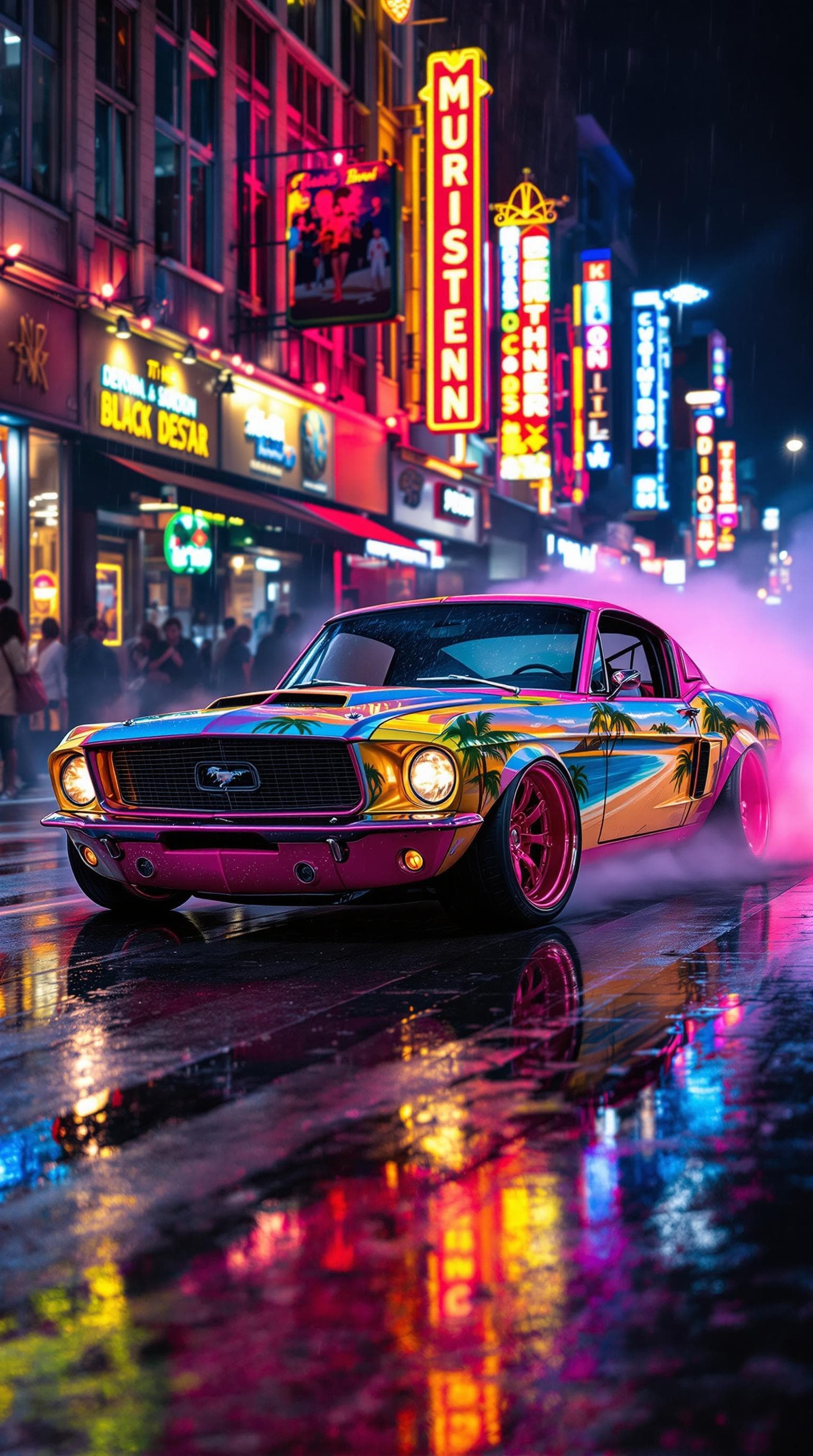 AI generated: A 1968 Ford Mustang from a front, side view doing a burnout on a crowded city street at night. The c...