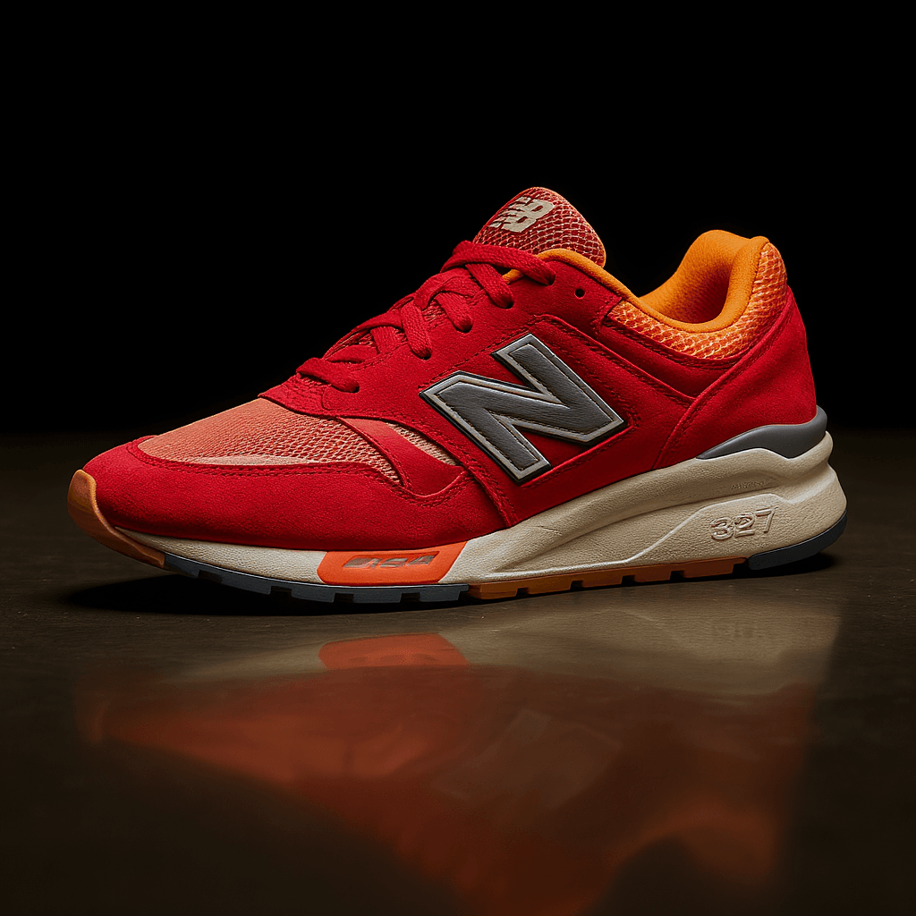 AI generated: photograph productive, New Balance 327, red and orange, yellow, reflection, más impresionante y diná...
