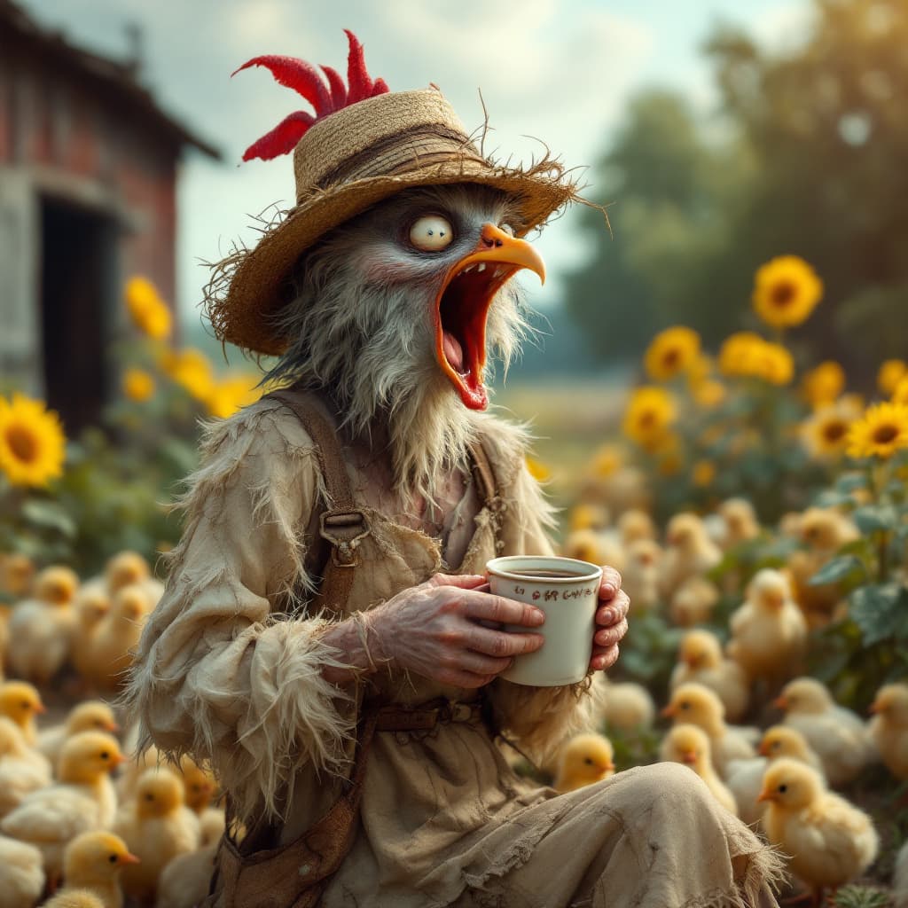 AI generated: Thin old hen with scraggly ruffled feathers wearing red Crocs straw hat tattered dress surrounded by...