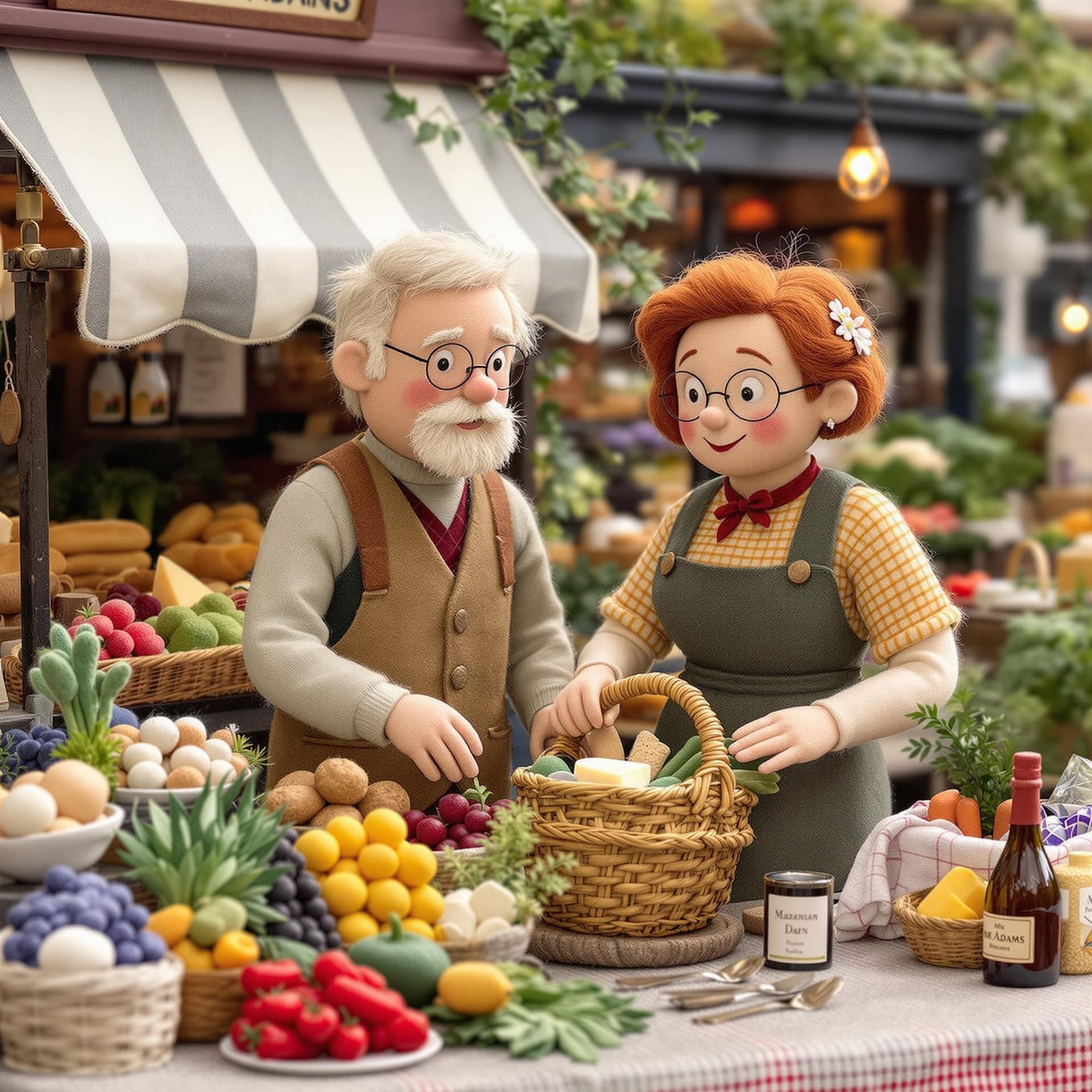 AI generated: Mr. and Mrs. Adams meander through the market, selecting the finest felt ingredients for their dinne...
