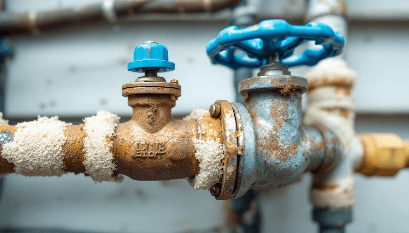AI generated: 
Macro photograph, rusty water valve, blue handle, pipes covered in foam insulation, white siding ba...