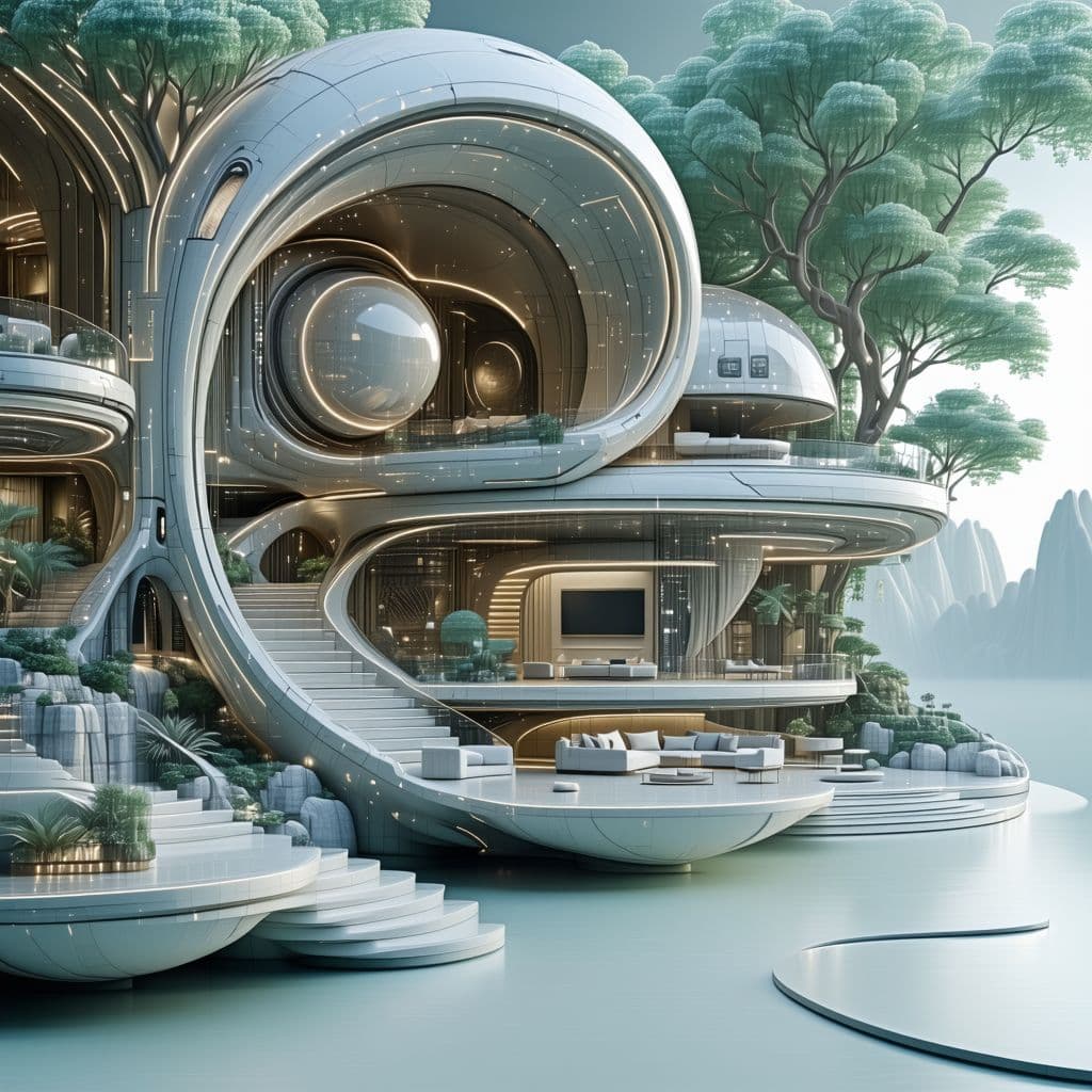 AI generated: a super technologically evolved home with detailed interior of each feather giving extremely modern ...