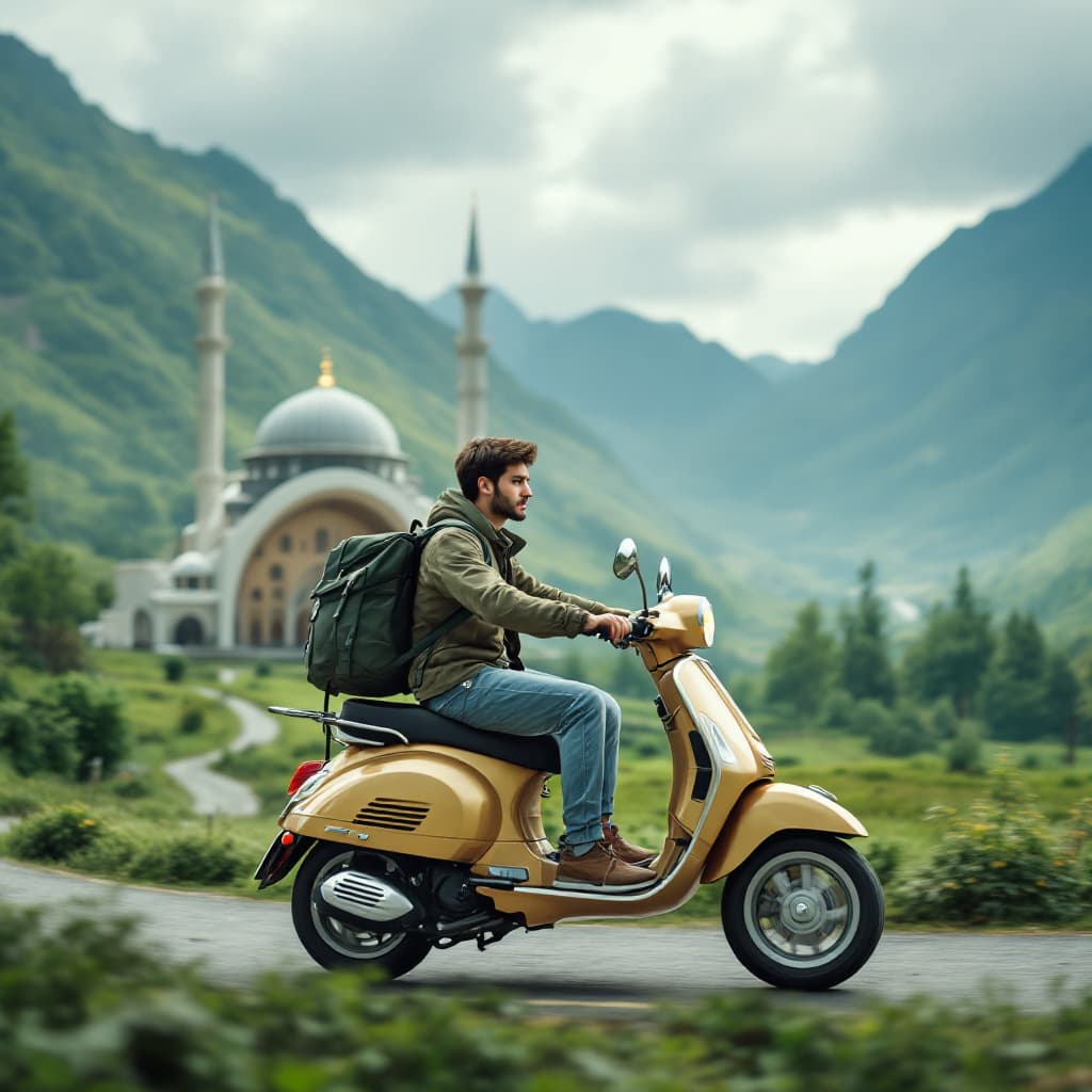AI generated: a young man was riding a gold Vespa motorbike wearing a green jacket and back pack past a modern mos...