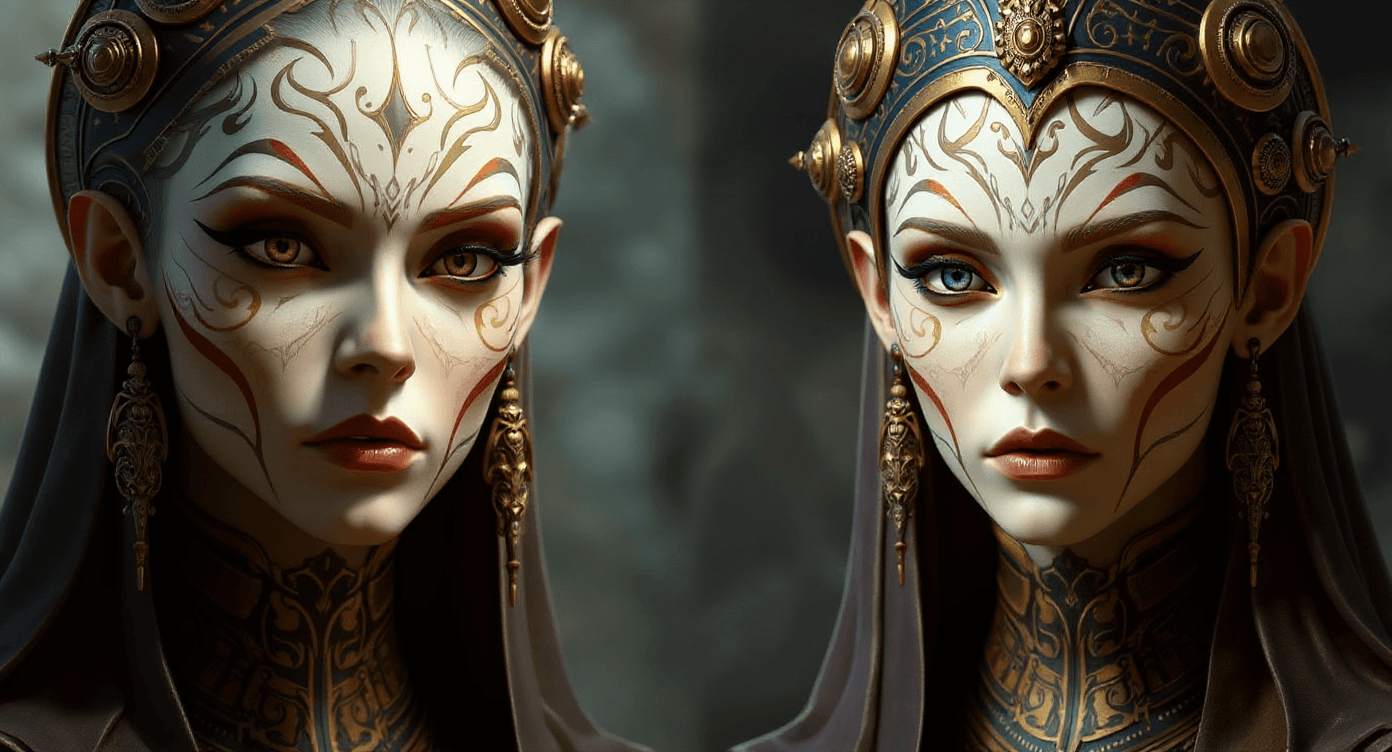 AI generated: mage is a digital artwork in a fantasy style, featuring two women preistest of the sun with intricat...