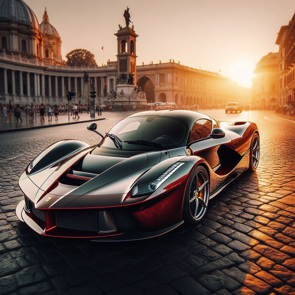 AI generated: photo of a Ferrari LaFerrari in Rome, sunrise, shot on a Sony Mirrorless camera, DSLR, 85mm lens f/4...