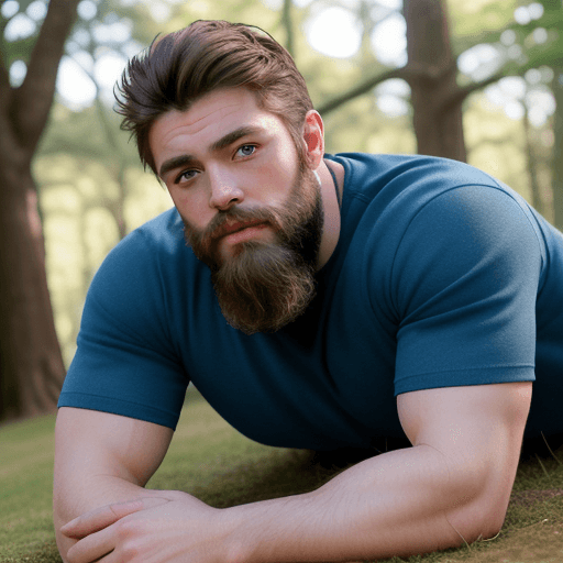 AI generated: A muscled bearded handsome man, broad chin,  big blue eyes, lying on the ground with his legs spread...