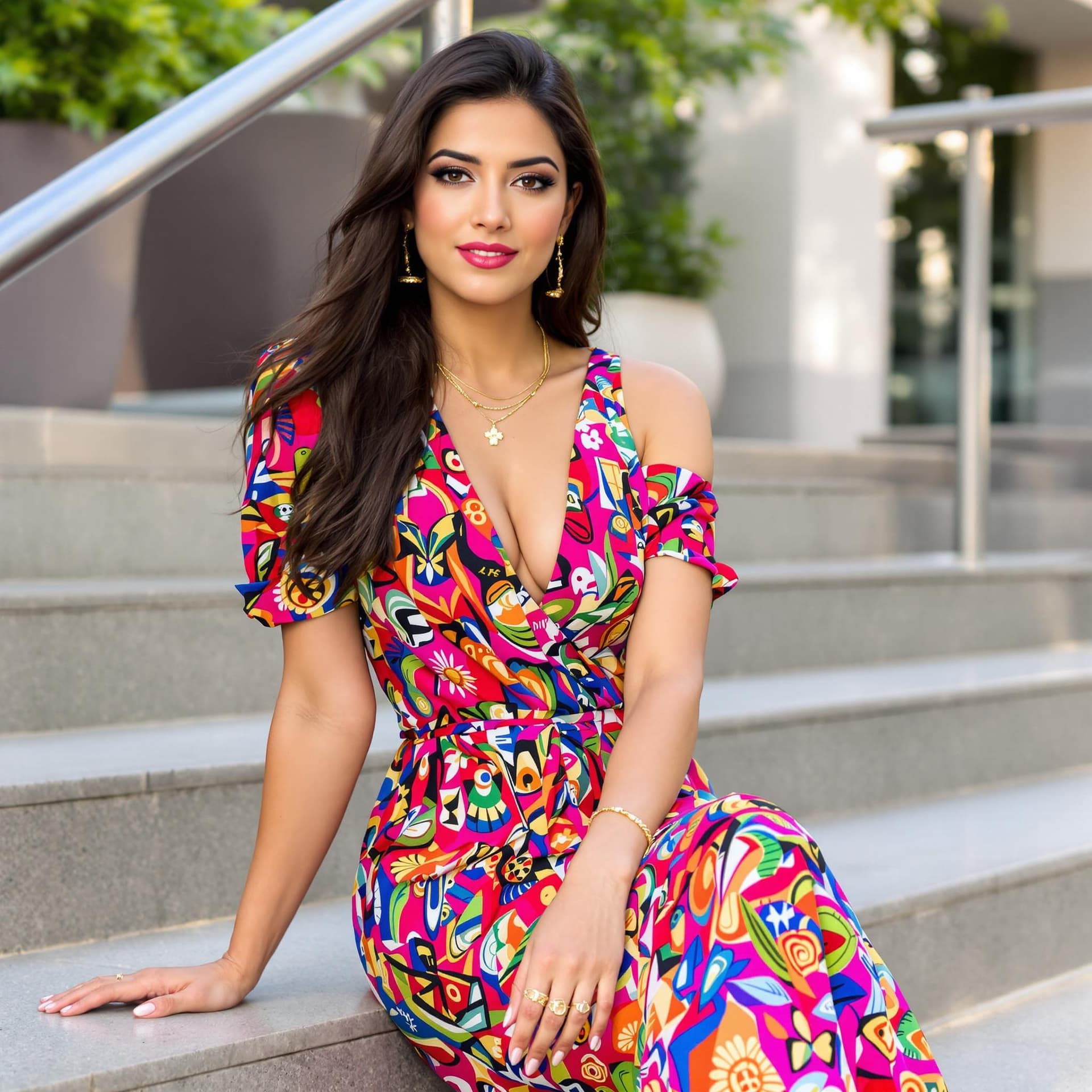 AI generated: A striking shot of an Indian supermodel and fashion influencer with long brown hair, dressed in a vi...