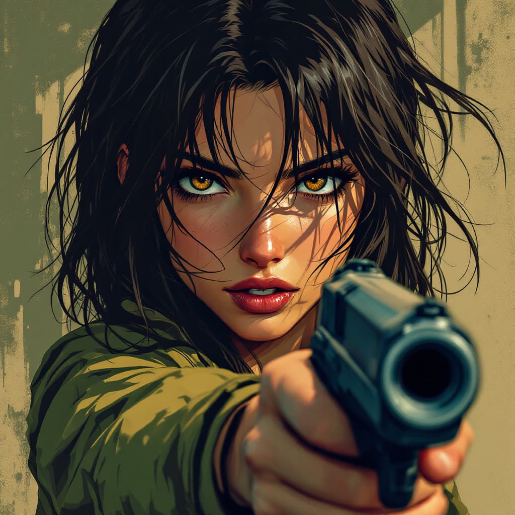 AI generated: a girl holding a gun in her hand, in the style of anime art, light brown and green, strong facial ex...