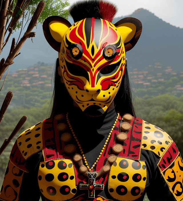 AI generated: jaguar warrior helmet mask with jaguar-style spots, wooden mask, fine wood details, zoque inspiratio...