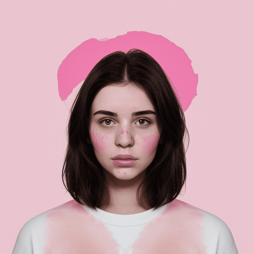 AI generated: Hyperrealistic photo of a brunette against a background of pink blots from an instagram icon