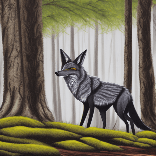 AI generated: black coyote, forest, river, tree