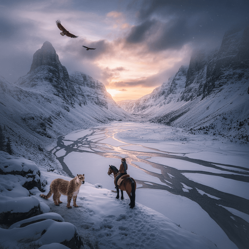 AI generated: Deep color, windy, snowy valley, with steep mountains around, deeply detailed 4k, drone-like view fr...