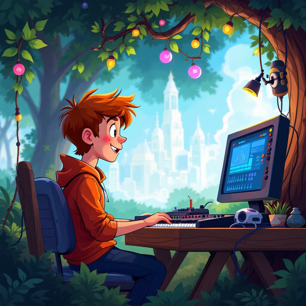 AI generated: Create a vibrant and whimsical 2D Nickelodeon-style animation of Charlie, a 14 year old boy behind a...
