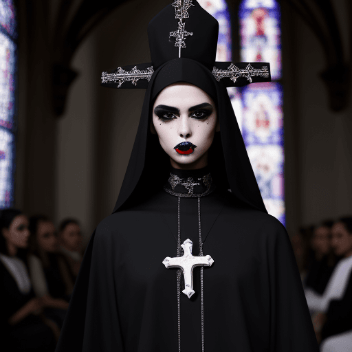 AI generated: fashion week en iglesia negra, modelos goticos desfilando con tunicas, realista ultra definicion