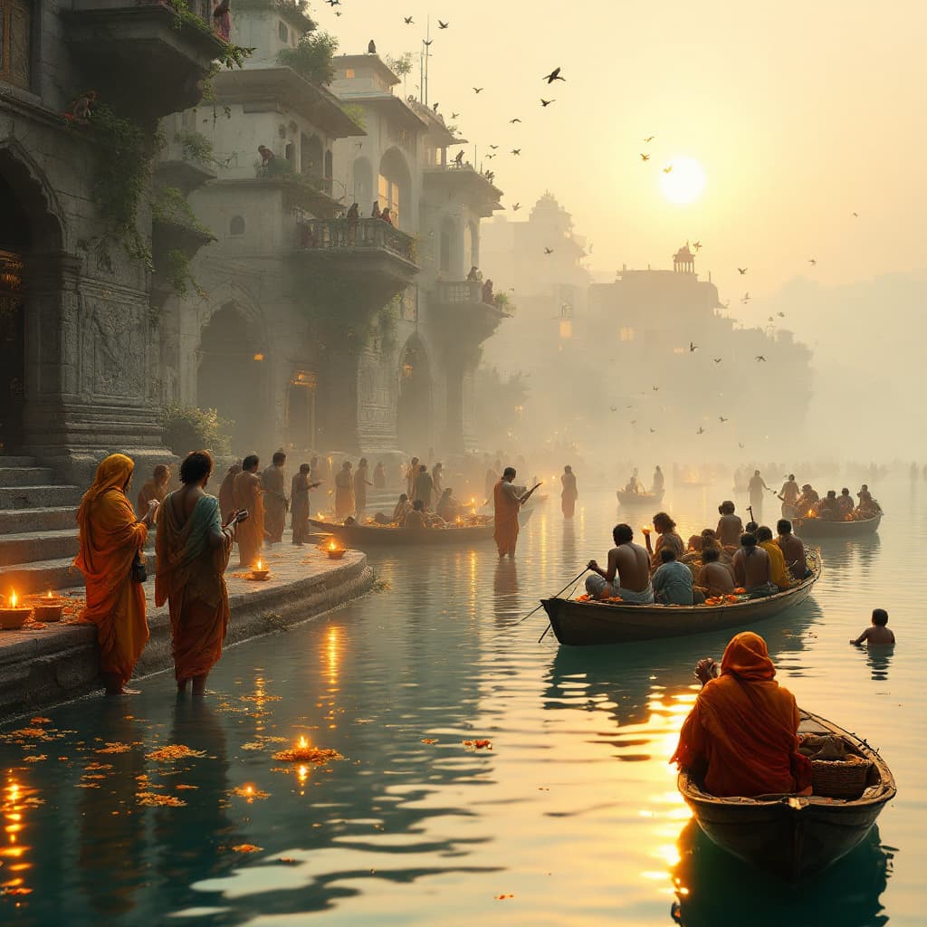 AI generated: A highly psychedelic, futuristic, surreal photo of the Ganges River in Varanasi at sunrise. The gold...