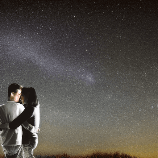 AI generated: a man and woman couple, in the middle with broken heart, dark starry background.