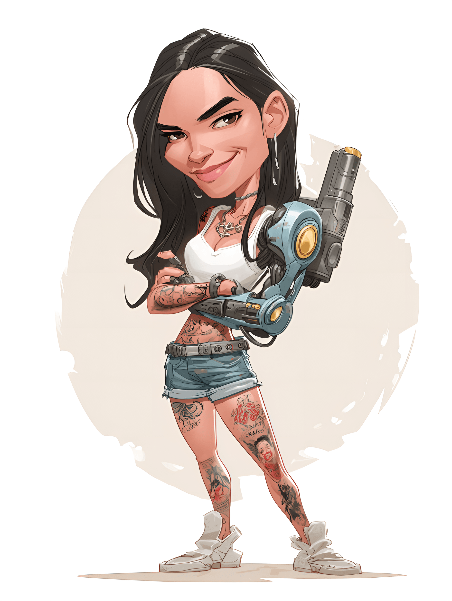 AI generated: funny caricature, cyberpunk adventurer caricature, young hispanic female, 28 years old, long black h...