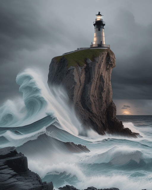 AI generated: Lighthouse on top of a rock in the middle of the sea lashed by ((big waves hitting the lighthouse)),...