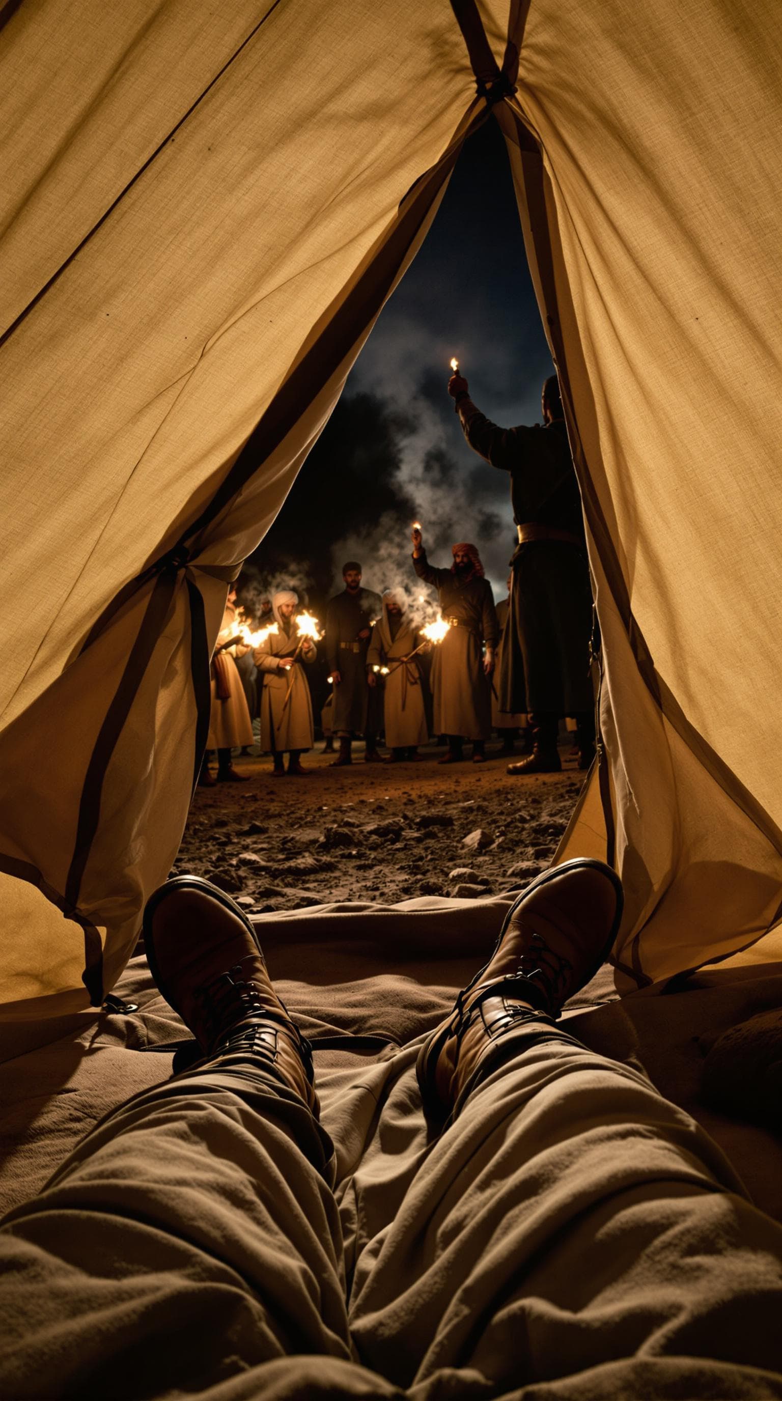 AI generated: POV first-person perspective shot captures the lower half of my body as I lie inside a traditional c...