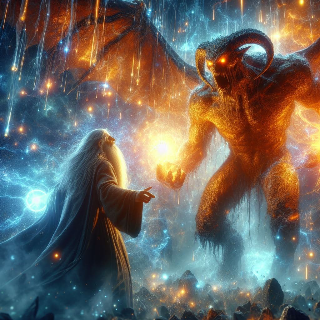 AI generated: fantastic epic scene with Balroc and Gandalf,shiny,dynamic lights, magic,