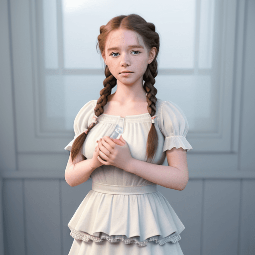 AI generated: A cute kind-hearted and nurturing young girl, with two braids, freckled cheeks, blue eyes round face...