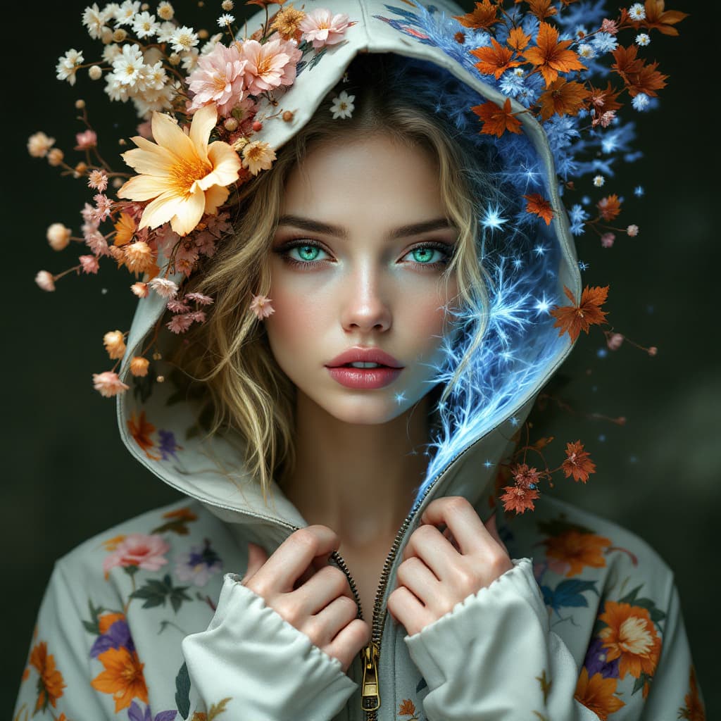 AI generated: A very beautiful and gorgeous and supernatural woman, with emerald deep eyes, wears a jacket with a ...