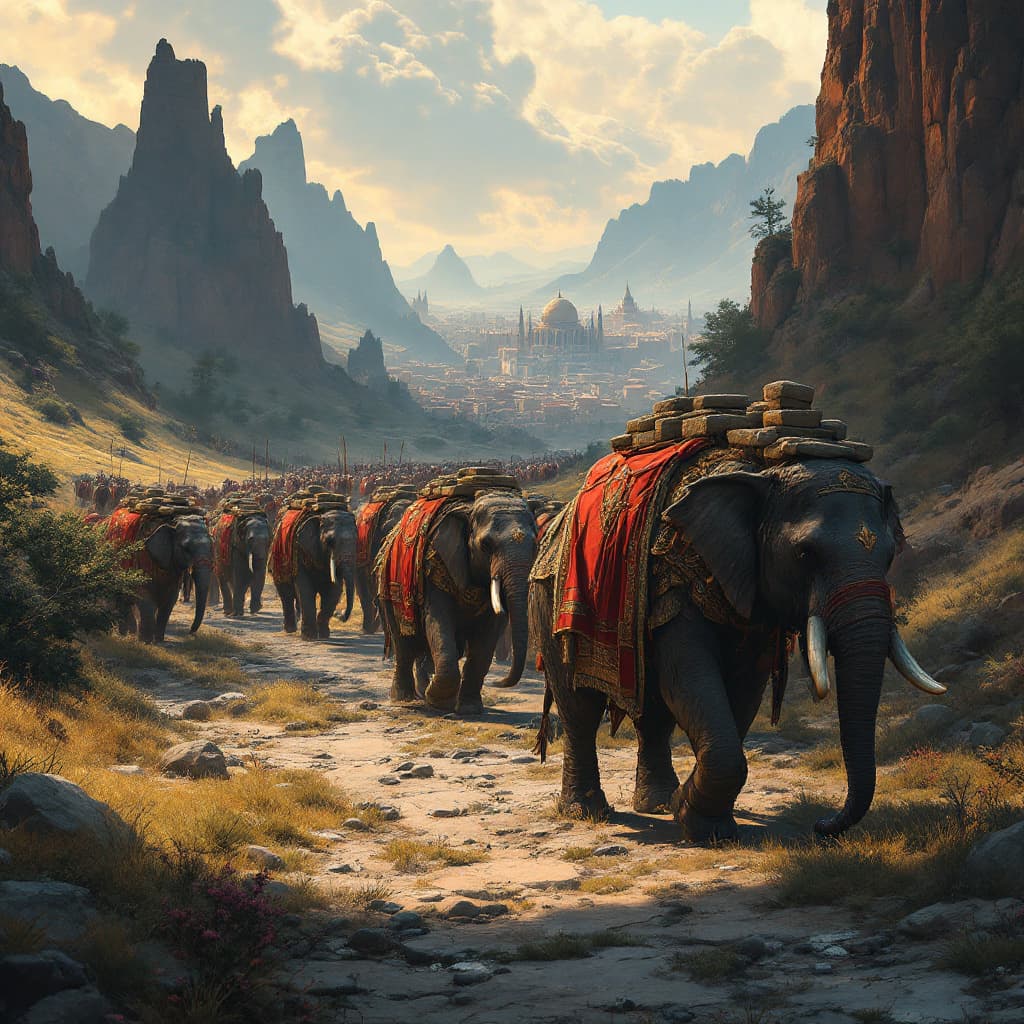 AI generated: An illustration of Hannibal  the Carthaginian general walking through the mountains  with his army t...