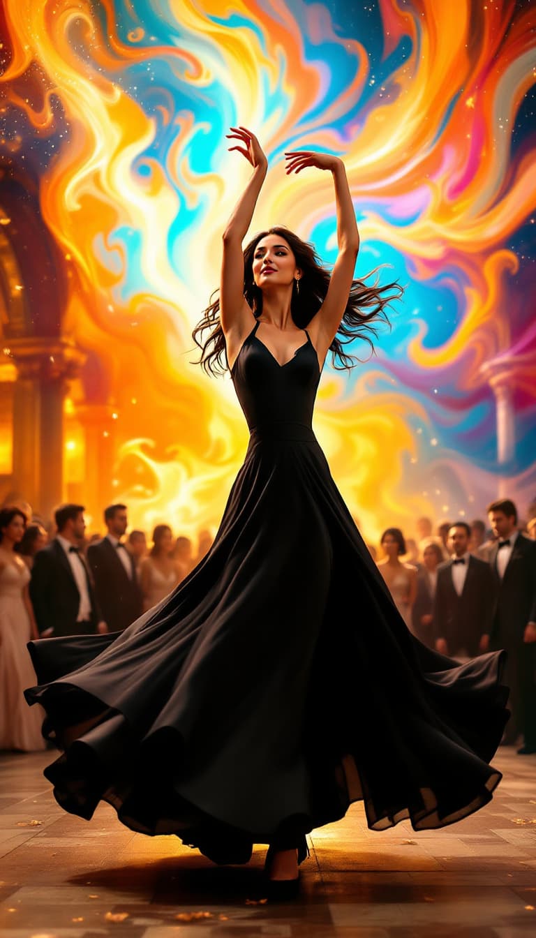 AI generated: A woman elegantly twirls in a stunning black dress with a flowing hem, showcasing her graceful movem...