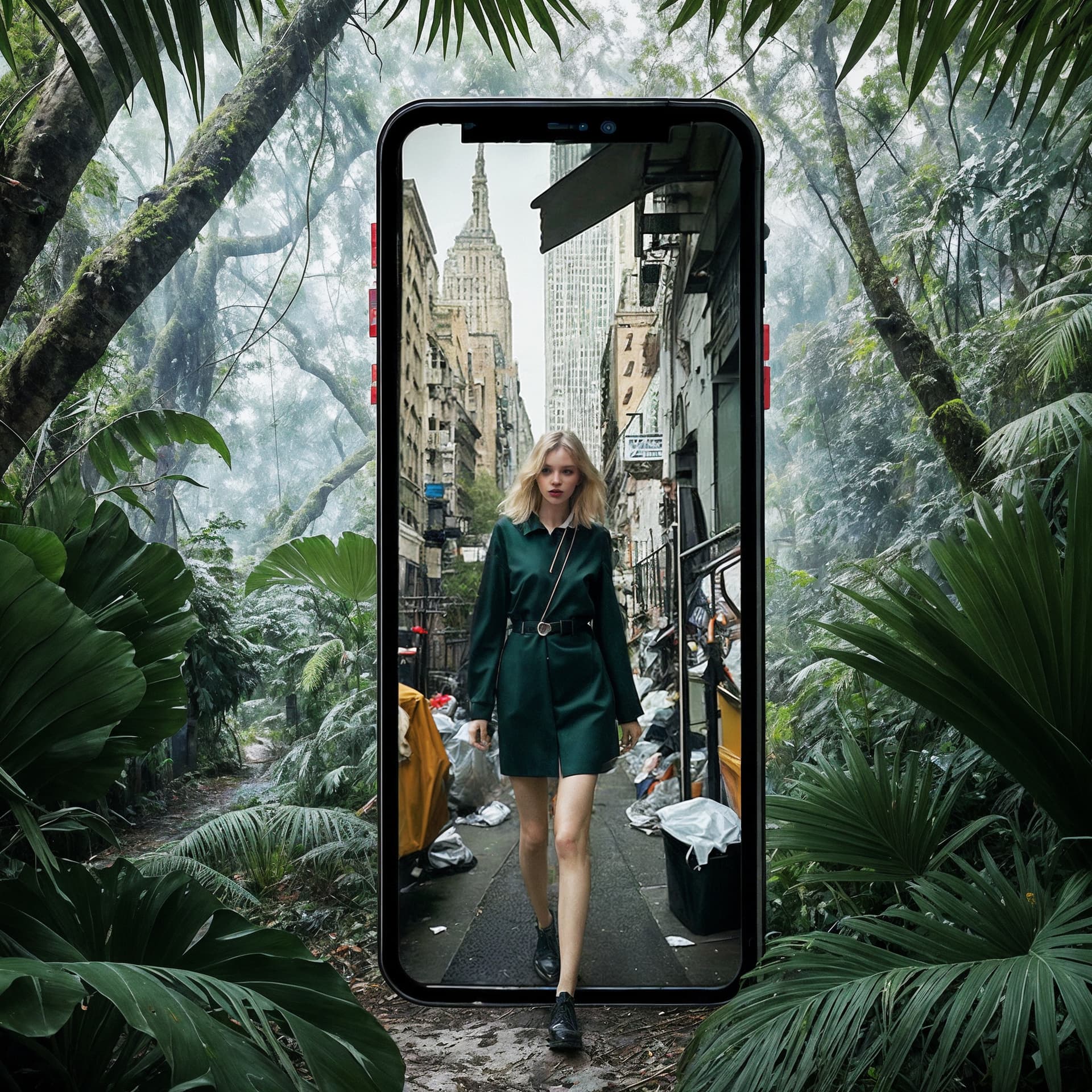 AI generated: framed , a woman walking out from the screen of (giant smartphone iphone X, surrounded by jungles) ,...