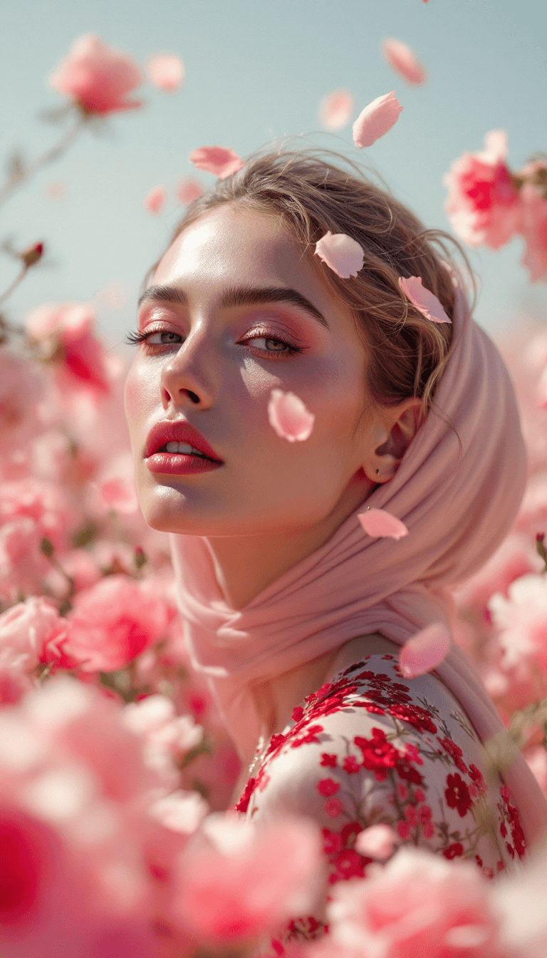 AI generated: high summer fashion editorial by will davidson in the rose fields of Oman, roses and petals, resort ...