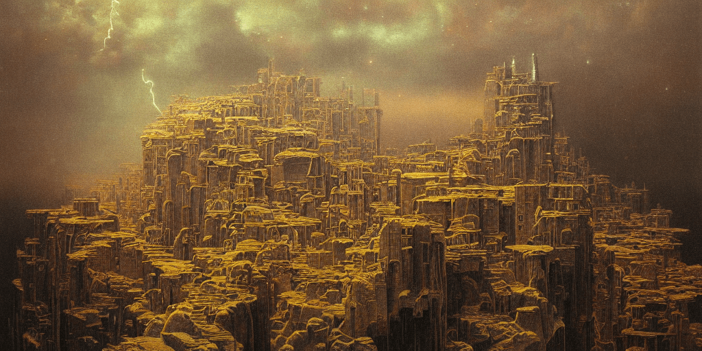 AI generated: a detailed painting inspired by beksinski and moebius of a wet foggy 3d desert town. inspired by tec...