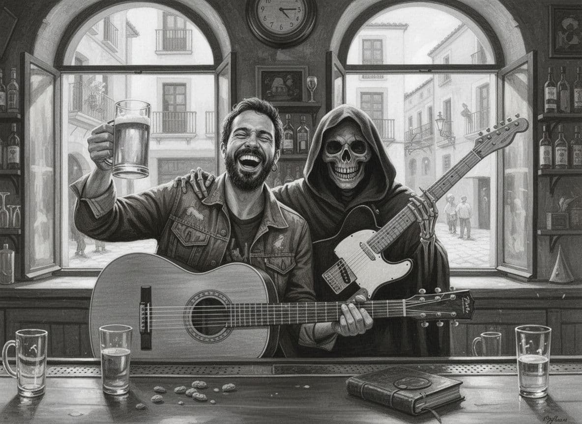 AI generated: the Grim Reaper sitting beside a man who is drinking beer and playing guitar in a cozy old bar, cine...