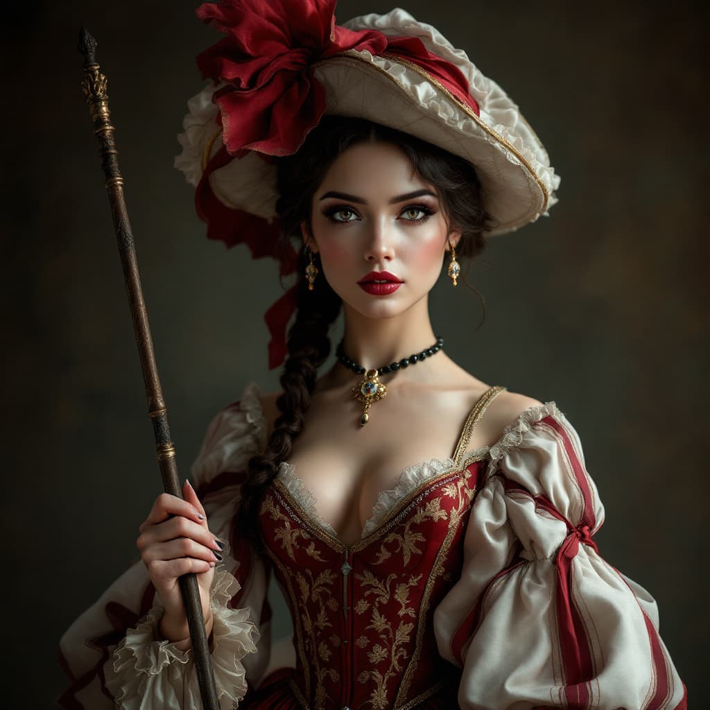 AI generated: a sexy woman in a red and white dress and hat holding a rod, intense looking to camera, wearing an u...
