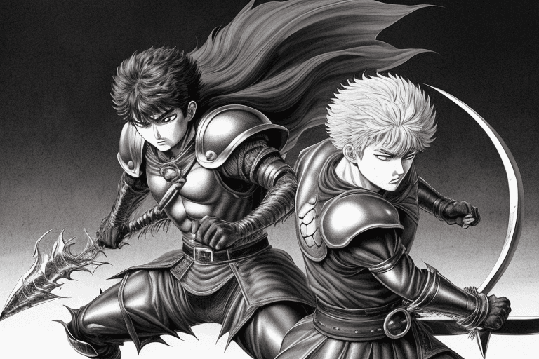 AI generated: monochrome, a man with big eyes, brown hair with tuft, in golden armor, manga, ((without helmet)), b...