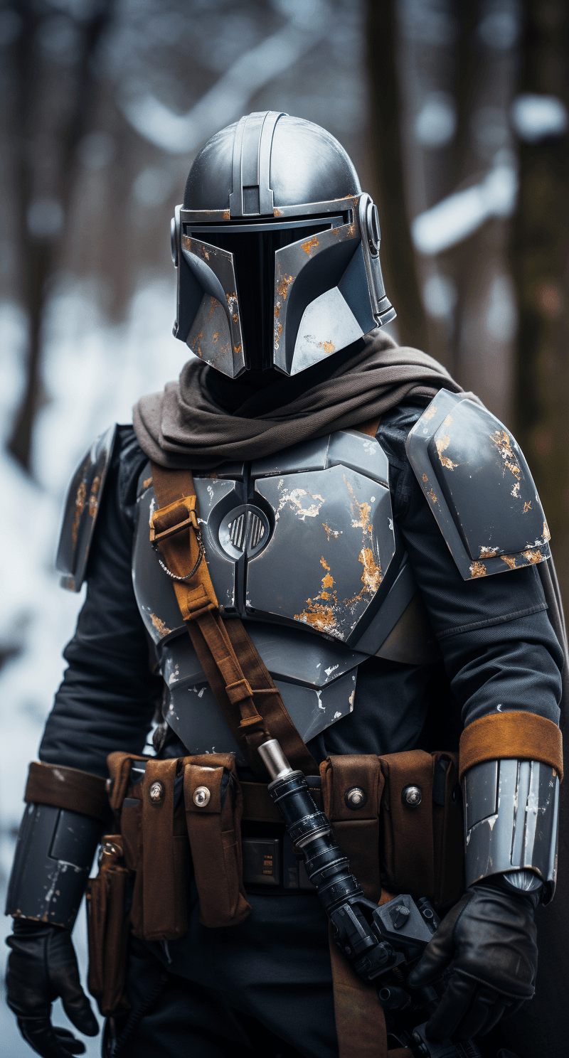 AI generated: star wars mandalorian wallpaper, in the style of snow scenes, stylish costume design, war photograph...