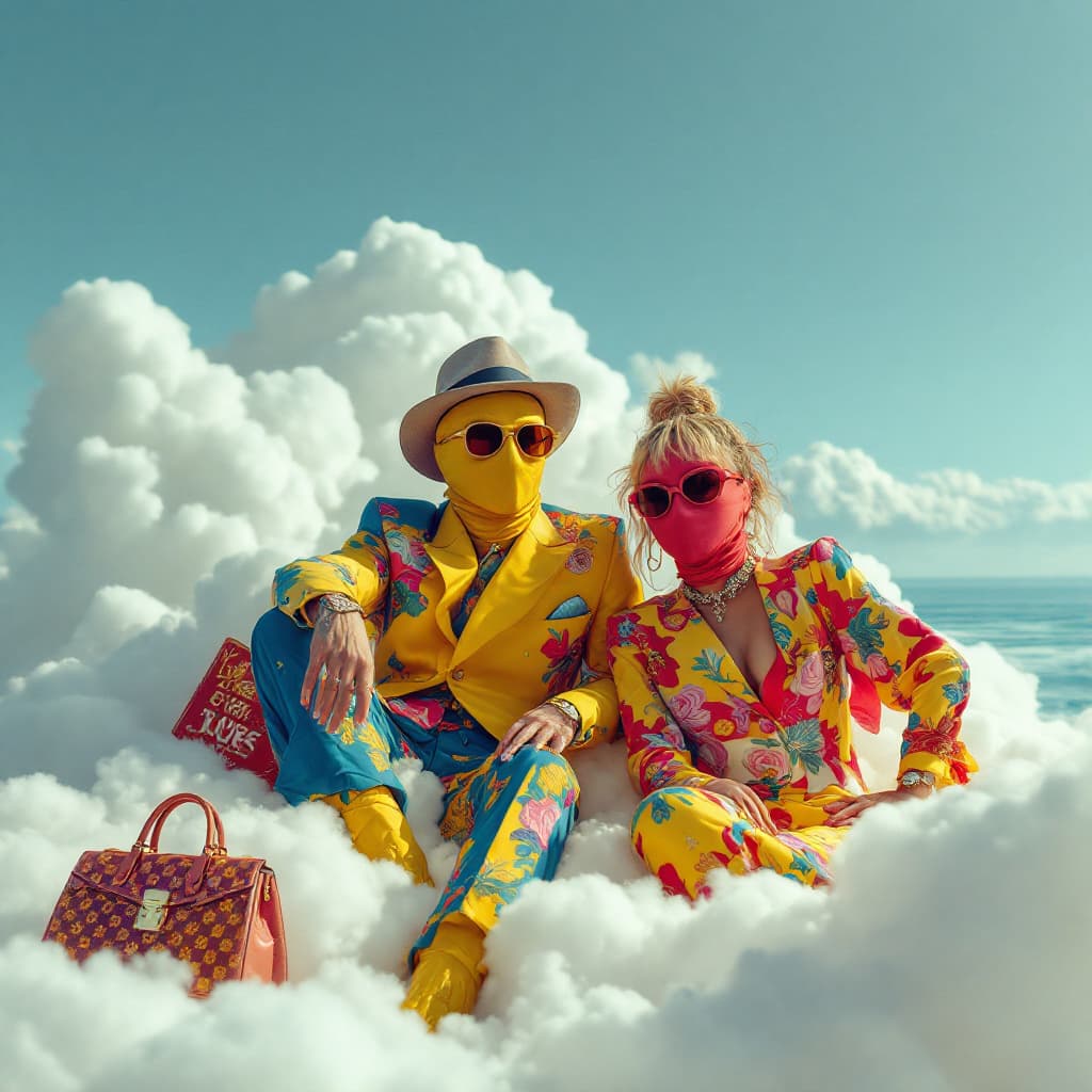 AI generated: Hyper realistic A photo of an eccentric WOMAN OF ACCESORIES AND DESIGNER CLOTHING on top of white fl...