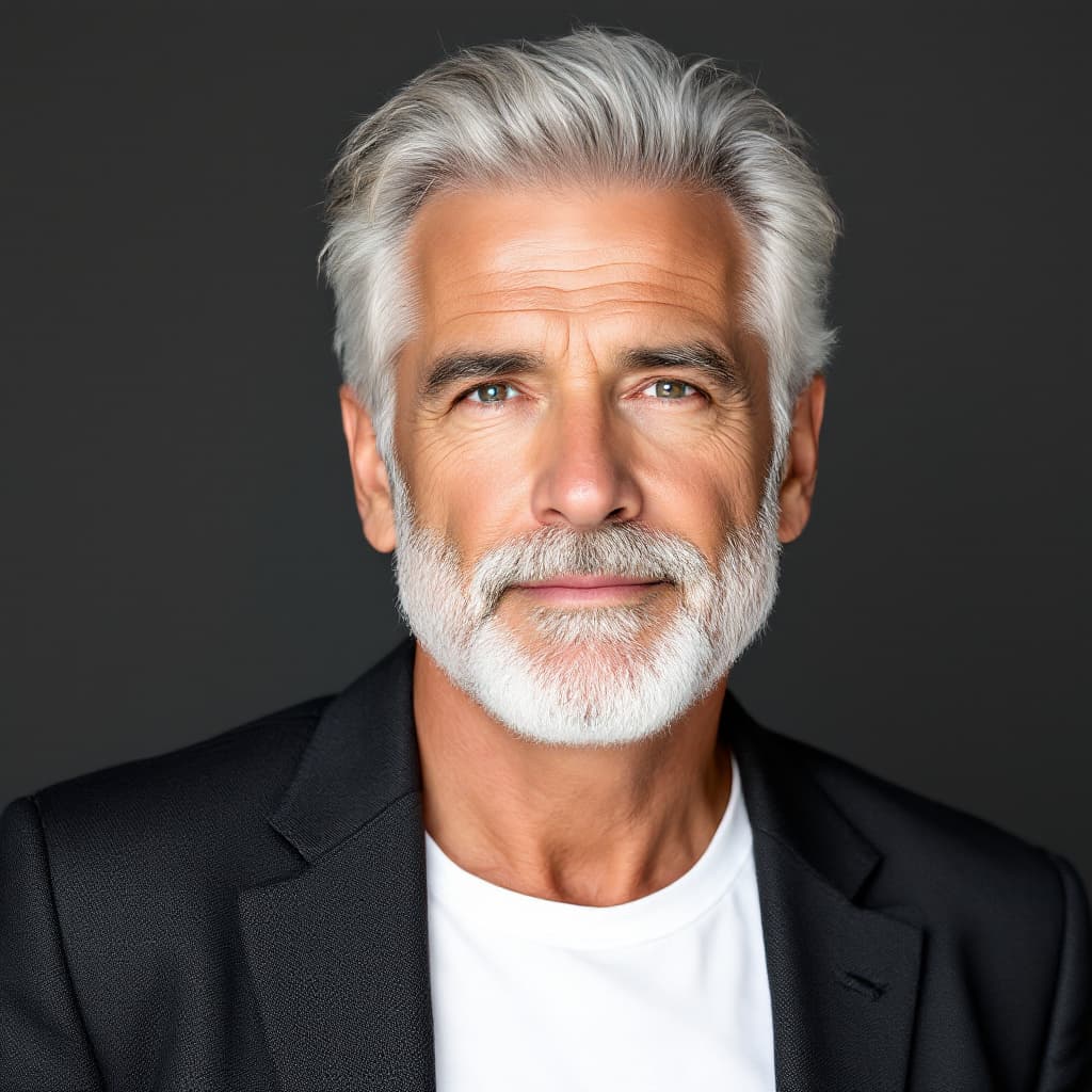 AI generated: High-resolution image of a 49-year-old white American man, fair skin, silver fox hairstyle, light be...
