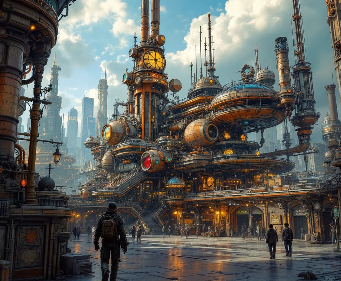 AI generated: A retro-futuristic  Steampunk Architecture "Airport", Poster art, HDR, retro futuristic  circa early...