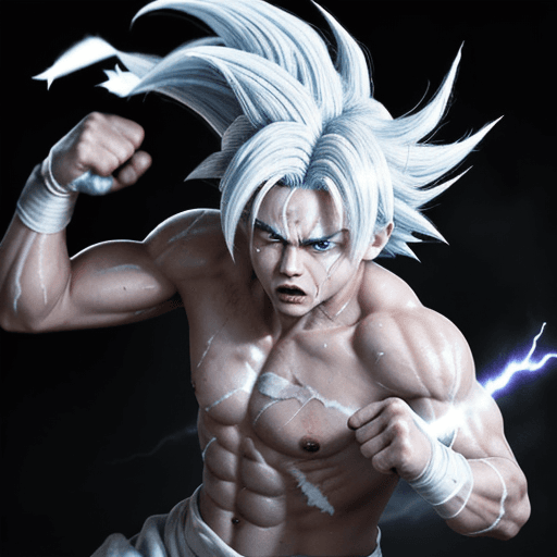 AI generated: Goku Ultra Instinct with a tough and intense gaze, and strong, glowing white hair, white aura, banda...