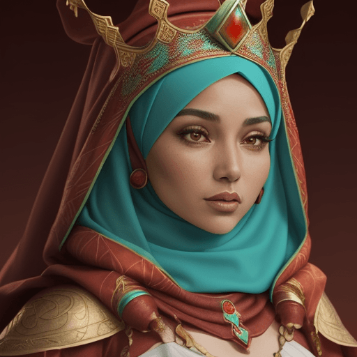 AI generated: a close up of a Latina Muslim woman with long turquoise hijab wearing a red jasper crown, she has tu...