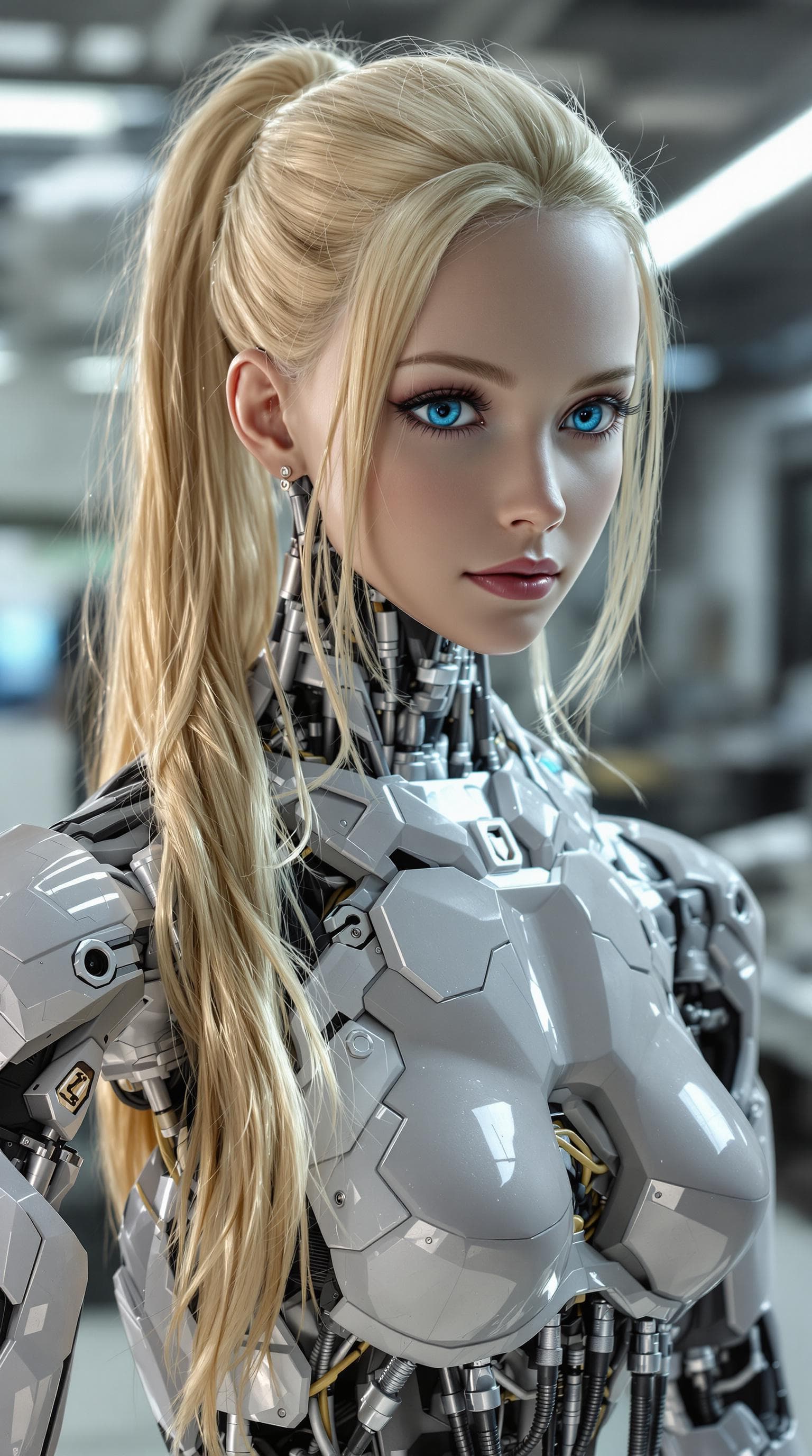 AI generated: exceptionally beautiful blonde hair blue eyed (age 13), artificial intelligence robot, (futuristic),...